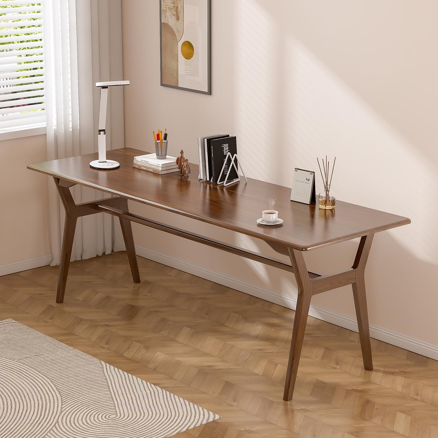 OSCHF Solid Wood Study Desk - 71" Double Long Computer Table for Home Office, 2-Person PC Workstation, Walnut