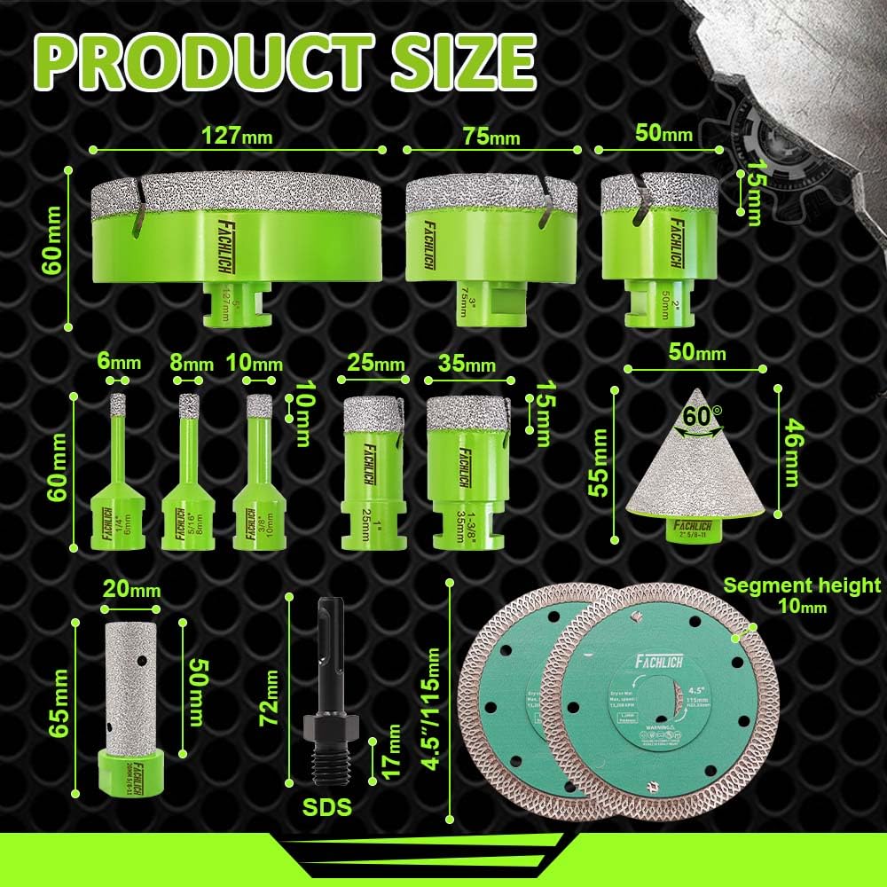 Tile Hole Saw Kit Diamond - (6/8/10/25/35/50/75/127mm Drill Bits+Finger Bit+Chamfer Bit+Adapter+Tile Blade) Diamond Hole Saw Kit for Porcelain Ceramic Marble Brick Granite,5/8"-11 Thread