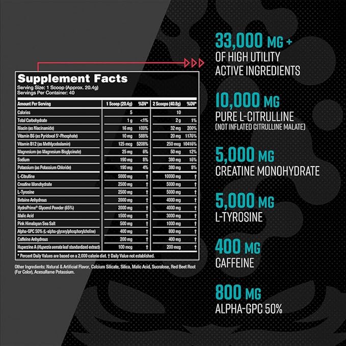 Gorilla Mind Pre Workout - Massive Pumps Laser Focus Energy Power - L-Citrulline, Creatine, L-Tyrosine, Betaine, Hydroprime, Alpha-GPC, 400mg Caffeine, Huperzine A 808g (White Gummy Bear)