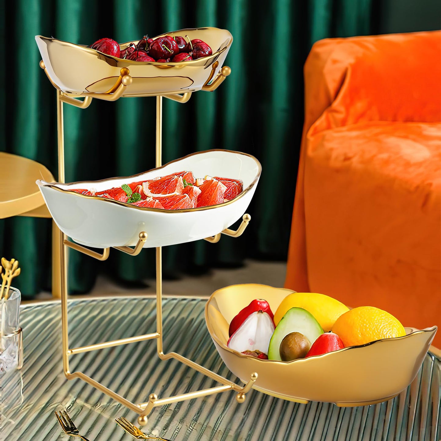 HOMKULA Ceramic Fruit Bowl for Kitchen Counter - 3 Tier Fruit Basket with Metal Stand, Tiered Fruit Stand for Countertop, Snack, Nuts, Cake, Dessert, Small & Cute (Gold & White,Small) 2