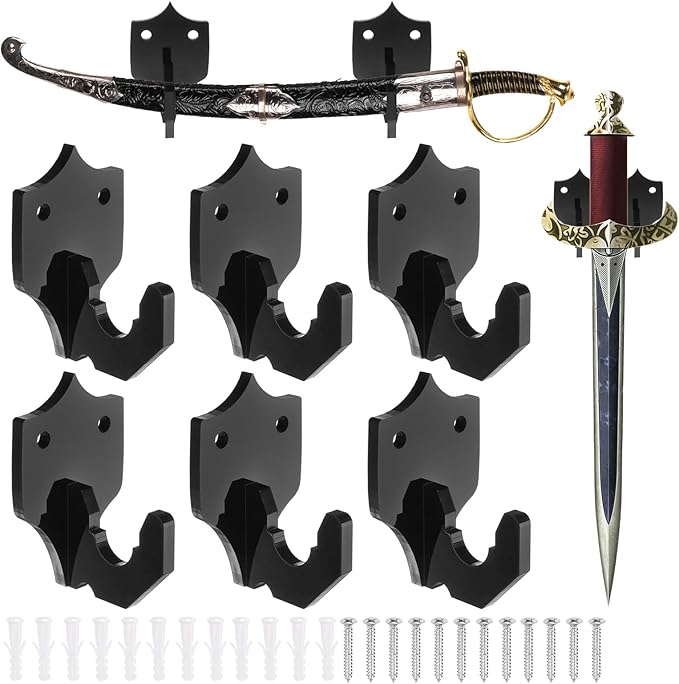uxcell 6 Pcs Sword Holder Wall Mount Sword Racks Acrylic Wall Sword Display Hanger with Mounting Tools for Knife Martial Arts Sword Placement Display, Black(Shield)