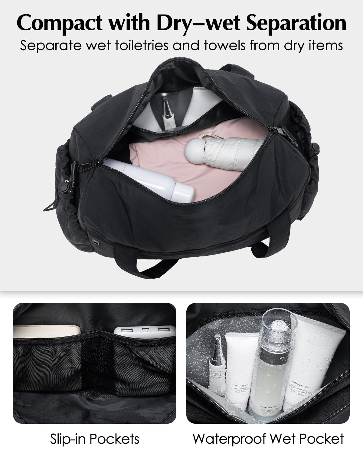 Small Gym Bag, Mini Gym Bag for Women with Yoga Mat Holder and Wet Compartment, Cute Mini Puffer Duffle Bag with Water Bottle Pocket for Workout Yoga Dance, Puffer Black