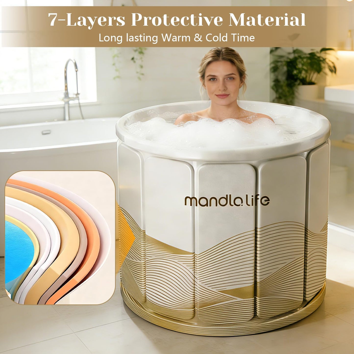Portable Bathtub for Adults, Collapsible Freestanding Bathtub for Shower, Hot Ice Bath Tubs with Thickened Multi-layer Material to Keep Temperature, Indoor Outdoor Soaking Tub (XL 31.5" L x 25.6" H)