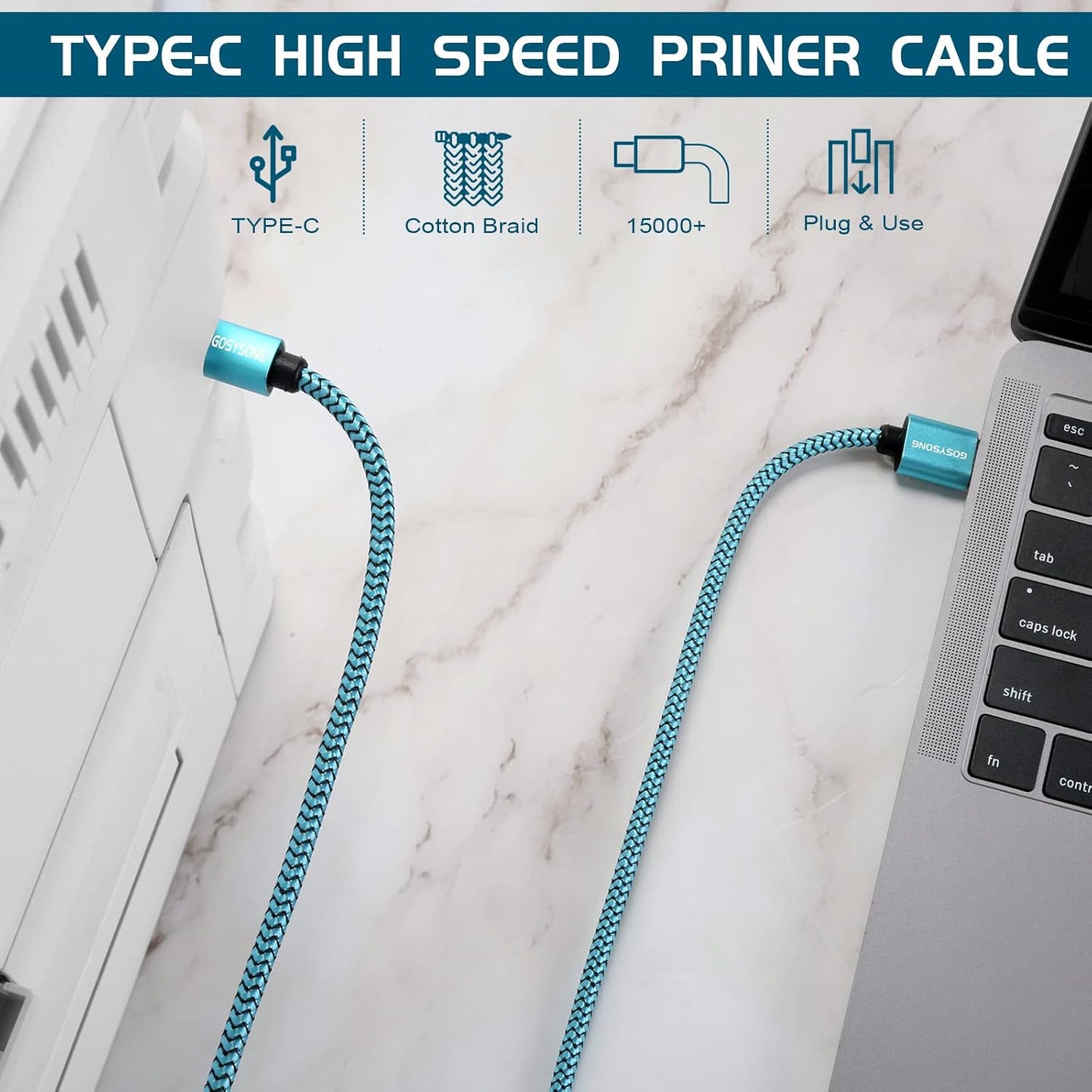 10ft USB C to USB B Printer Cable - High Speed Compatible with Printer, Scanner, Fax Machine, Midi Keyboard