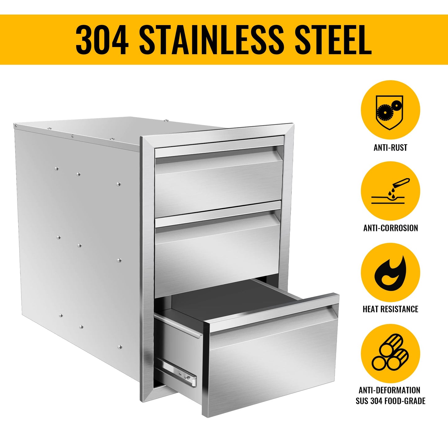 Outdoor Kitchen Drawers 16" W x 21" H x 23" D Inch Stainless Steel Flush Mount BBQ Triple Drawers for Outdoor Kitchen Island, or Patio Grill Station