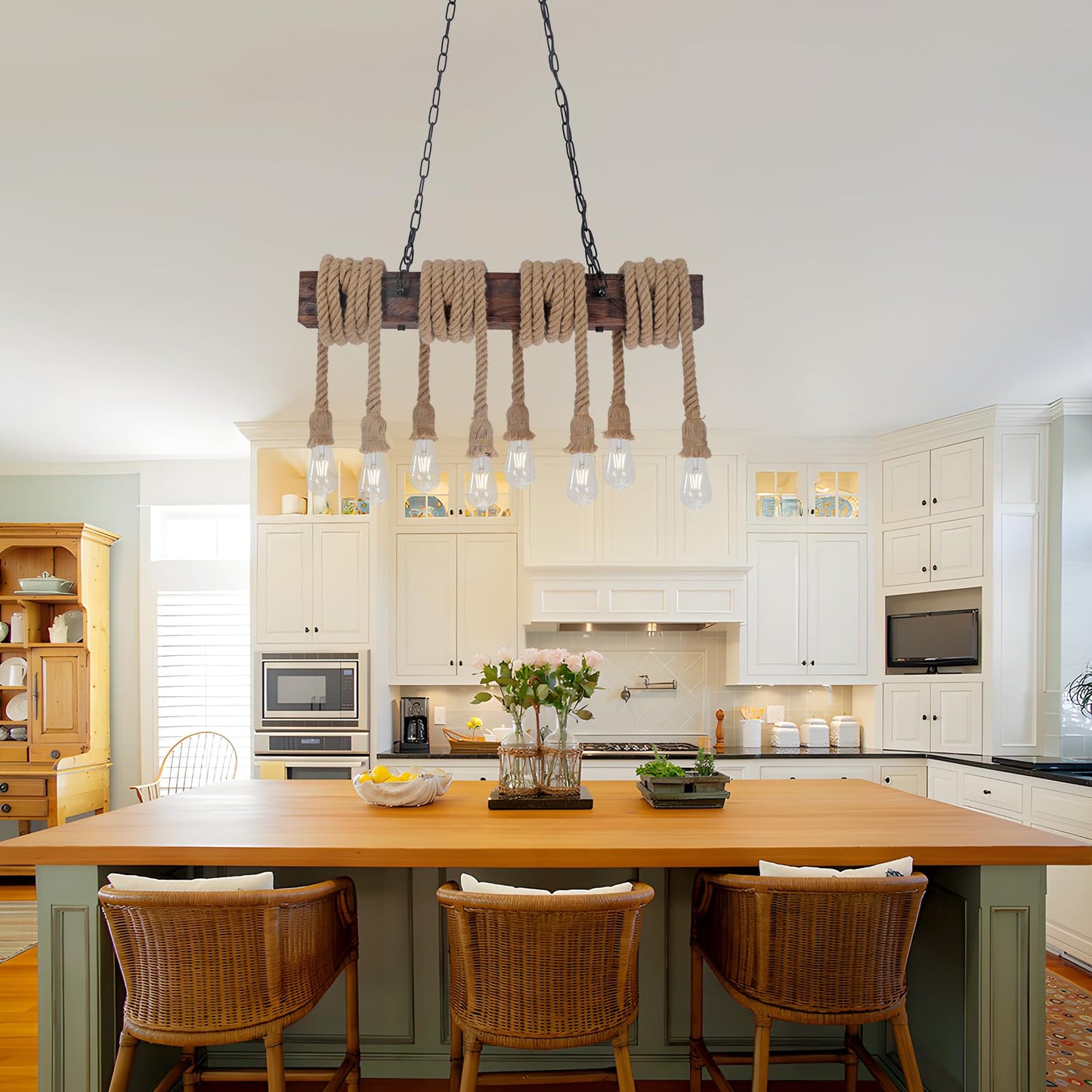 KEESFU Farmhouse Light Fixtures Rustic Chandelier，8-Light Kitchen Island Light Height Adjustable，Hemp Rope Pendant Light for Kitchen Dining Room Bar.