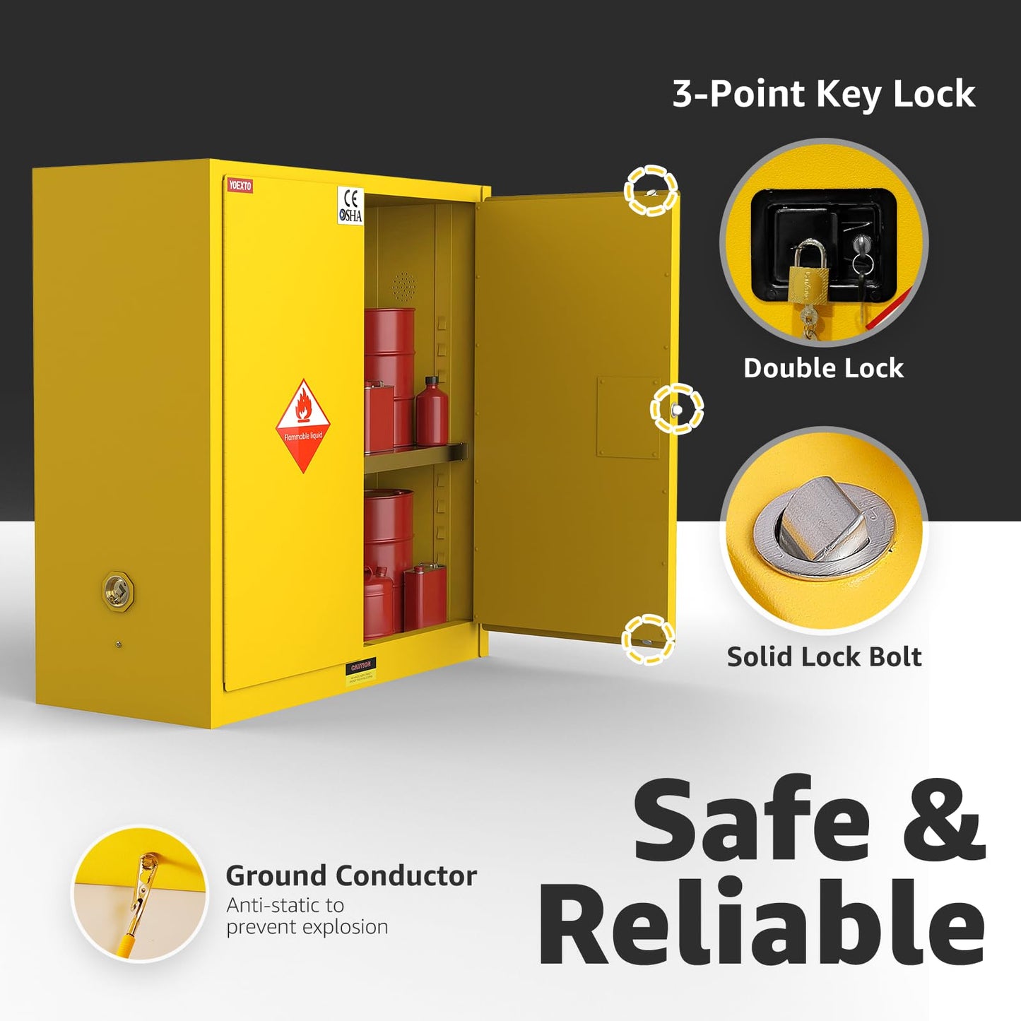 YOEXTO 45 Gallon Flammable Storage Cabinet, W 43 x D 18 x H 44 in fire Resistant Cabinet, Galvanized Steel Flammable Liquid Storage Cabinet, Chemical Fireproof Cabinet, Adjustable Shelves, Yellow