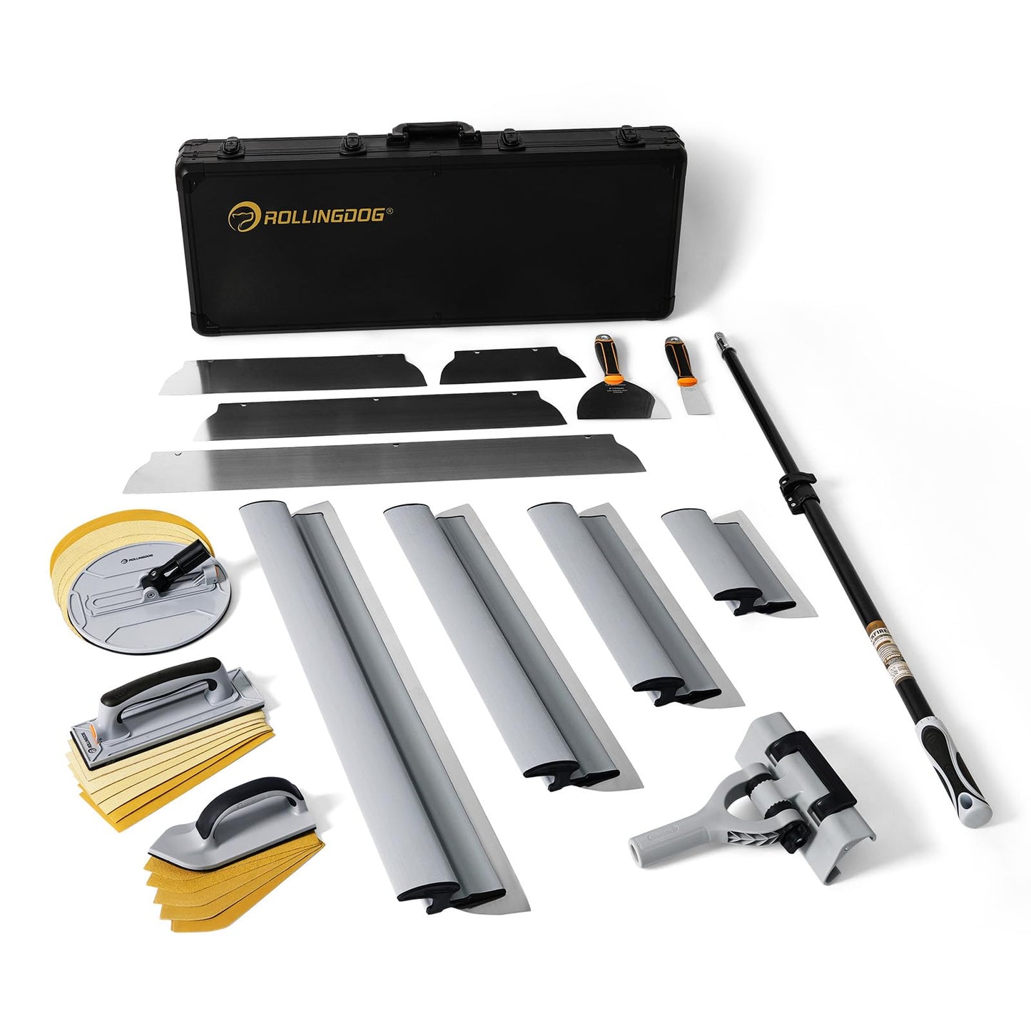 ROLLINGDOG Drywall Skimming Blade Set - 4pcs Skimming Blades With Extra blades,Taping Knife,Putty Knife,3pcs Hand Sander with Sandpapers And Extension Pole for Drywall Jobs