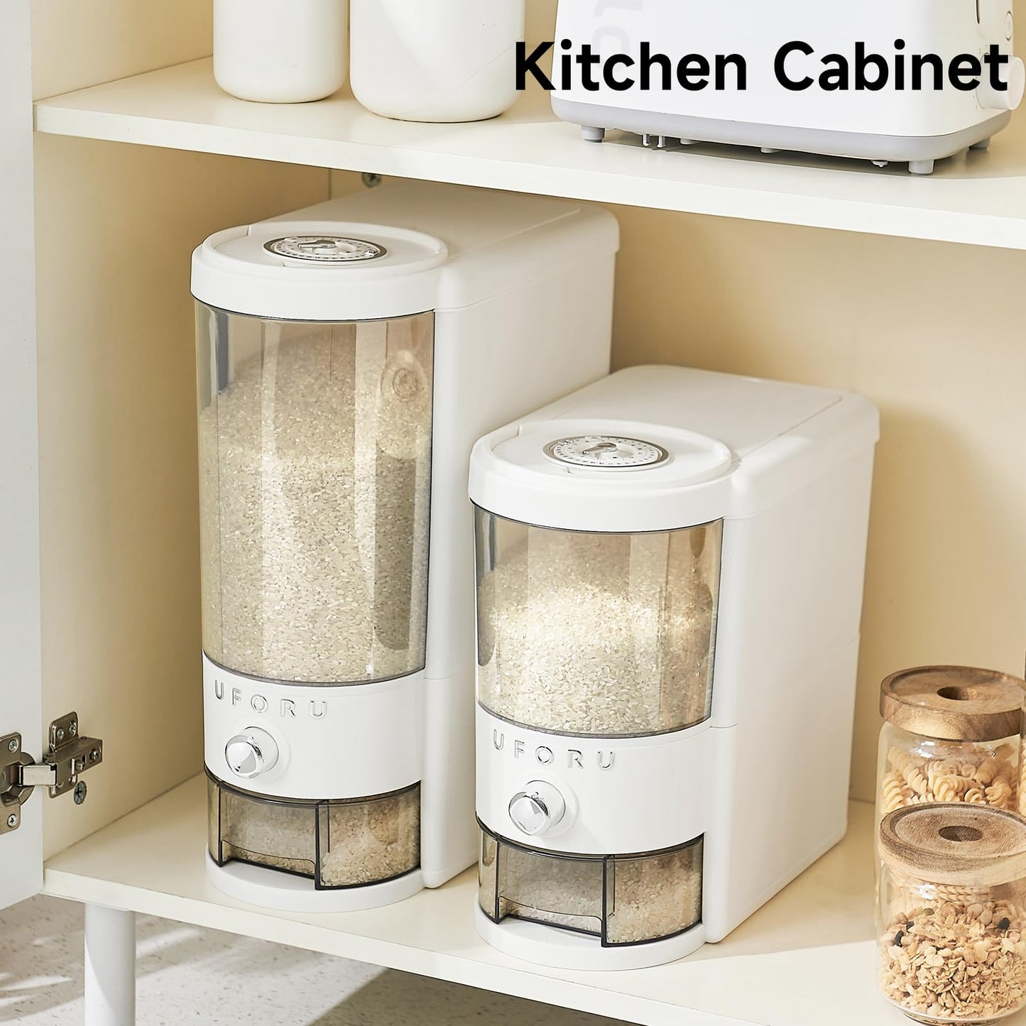UFORU Rice Dispenser 20 lbs | Large Rice Storage Container for Kitchen&Pantry - Space-saving, Moisture & Pest-proof, BPA-Free - Dry Food Dispenser with One-Touch Dispenser & Measuring Cup for Families