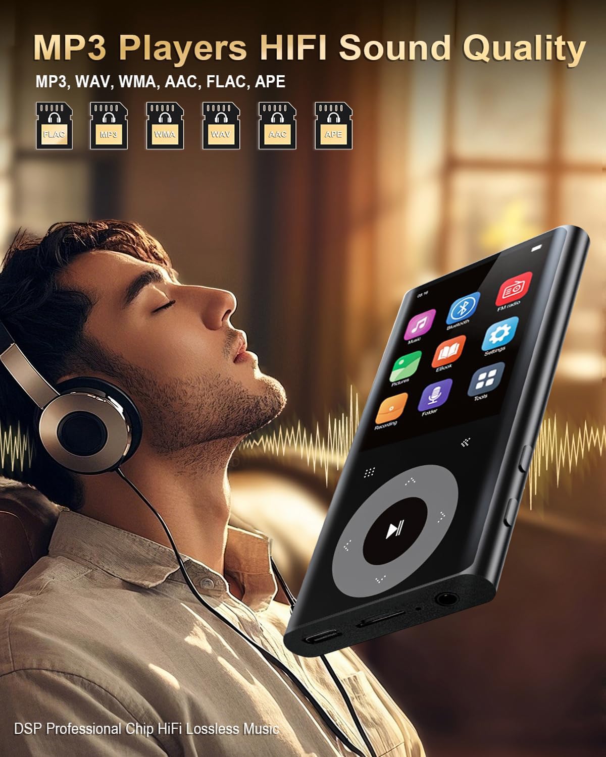 CCHKFEI 64GB MP3 2.4" MP3 MP3 128GB Player with Bluetooth Screen Hi-Fi Lossless Sound Bluetooth Player Built-in Speaker