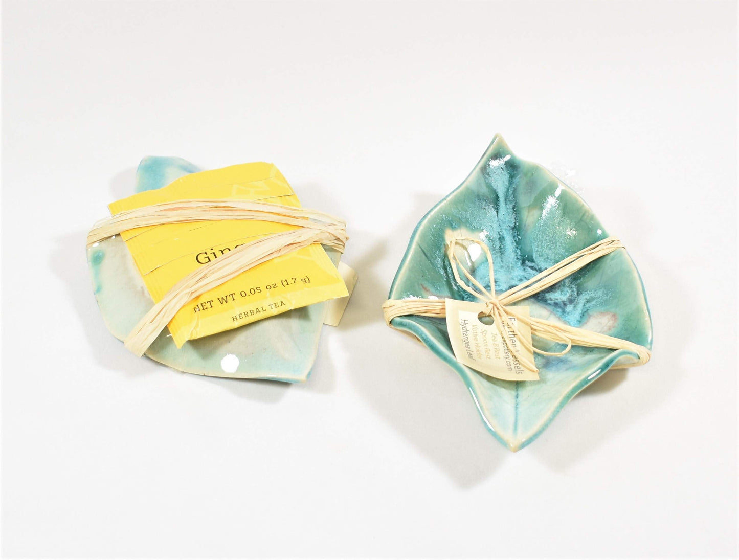 Earthen Vessels Pottery, Hydrangea Leaf Spoon Rest, Tea Bag Coaster, Ring Dish, Set of 3 In Summer Green, Pink & Teal