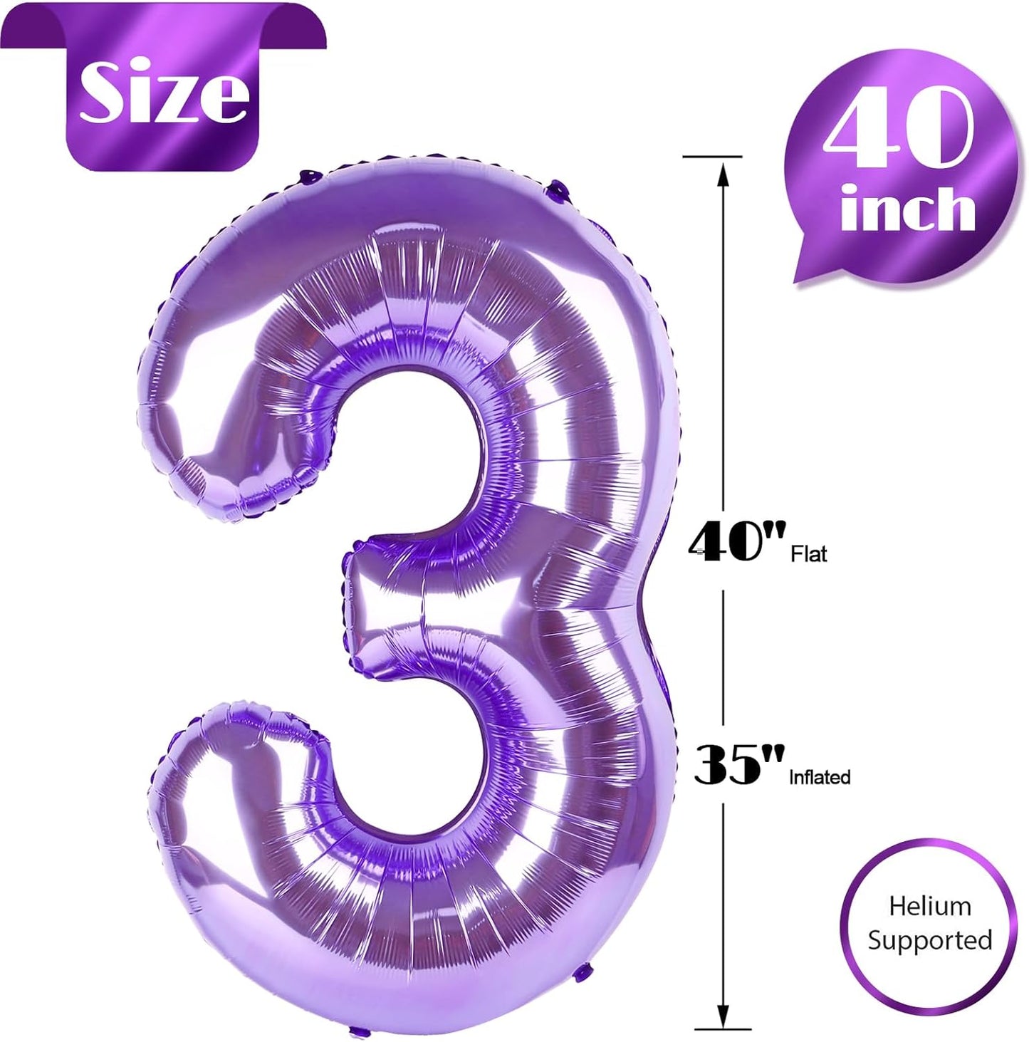 Purple Number 3 Balloon - 40 Inch 3rd Birthday Celebration Decoration for Kids & Adults