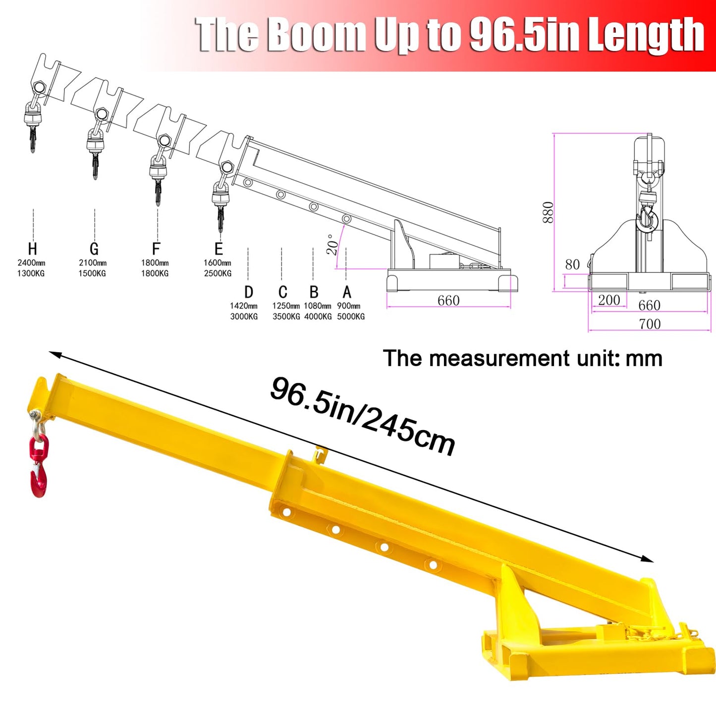 EQCOTWEA 5-Ton Forklift Telescopic Boom Crane Attachment, 11000 LBS Capacity, 96.5 Inch Adjustable Extension with Lifting Hook, Mobile Crane Lifting Hoist Truss Jib Boom for Forklifts & Hoists