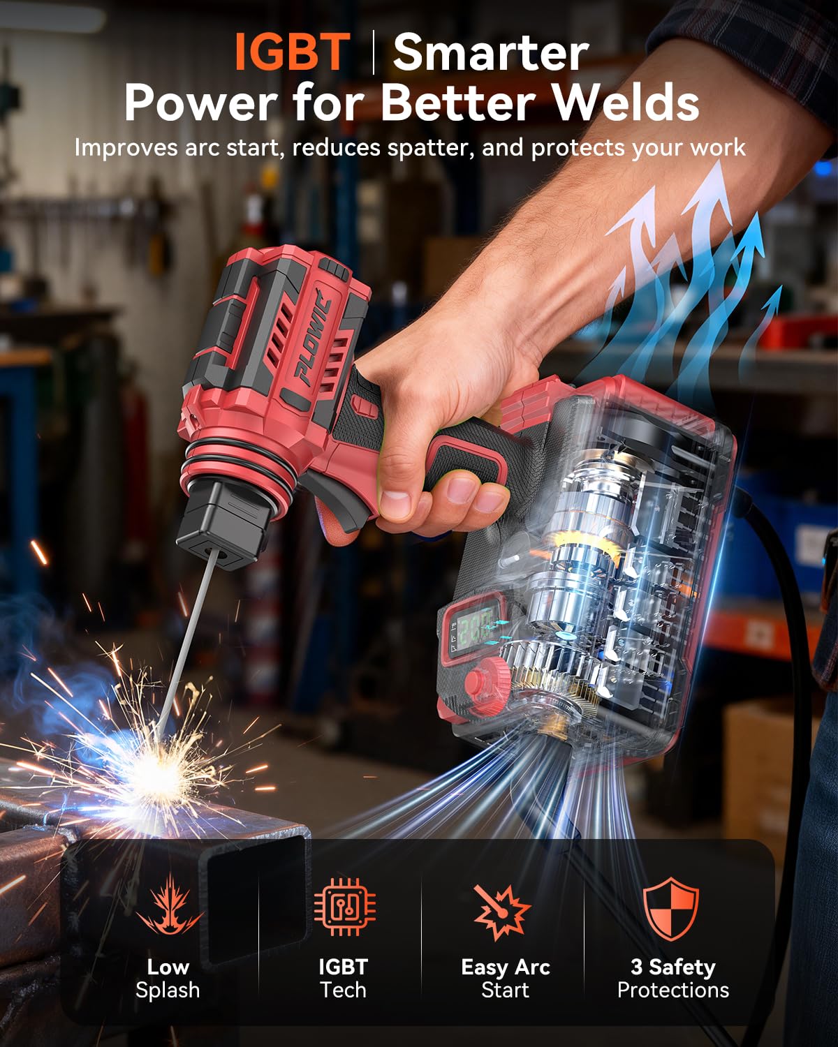 PLOWIC Portable Welding Machine:【2026 Upgraded】110V Handheld Welder with Balanced Design, LCD Display & 3 Modes (MMA/Hot Start/Arc Force), 200A IGBT Inverter ARC Welder Gun Fits 1/16"-1/8" Rods, Red