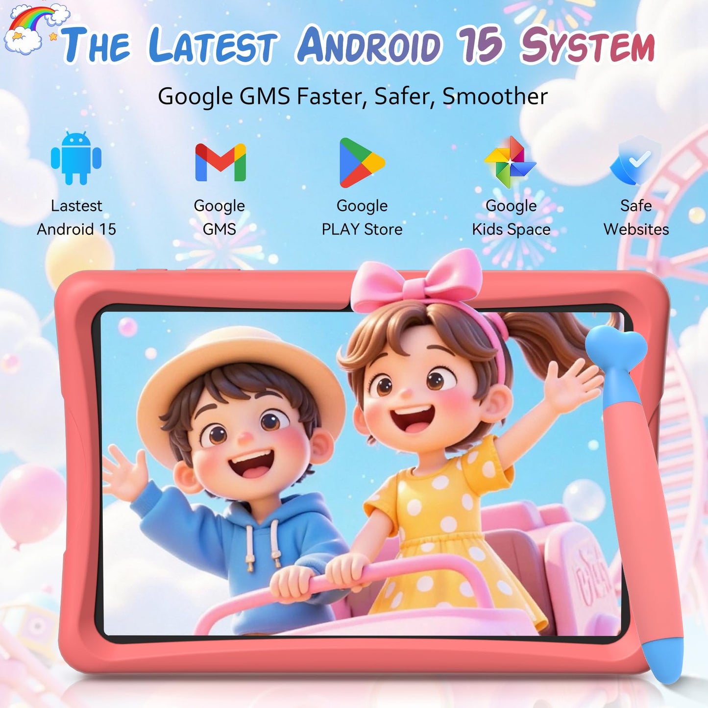 2026 Upgraded TABWEE Kids Tablet 10 Inch, Latest Android 15 Tablet for Kids Ages 6-12, 12GB RAM 64GB ROM (Expandable 2TB), HD Eye-Care Display, Parental Control, WiFi, Kid-Proof Case & Stylus Included