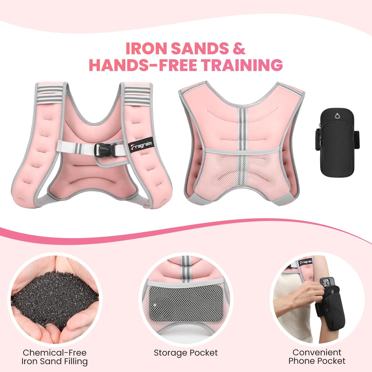 Fragraim Weighted Vest for Women Men - 10lb Weight Vest with Reflective Stripe, Detachable Phone Pouch, Ideal for Walking, Strength Training, Running, Workout, Cardio and Weight Loss - Pink