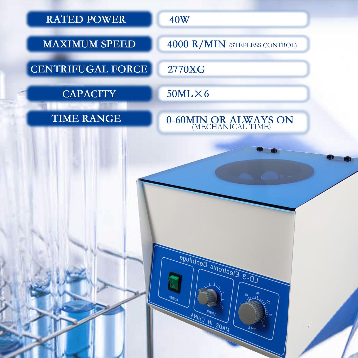Maisutseb 50ml*6 Electric Benchtop Centrifuge 4000 RPM Lab Centrifuge Machine 110V 60HZ PRP Desktop Centrifuge Stepless Control with Blue Cover Plate Centrifugadora de Plasma