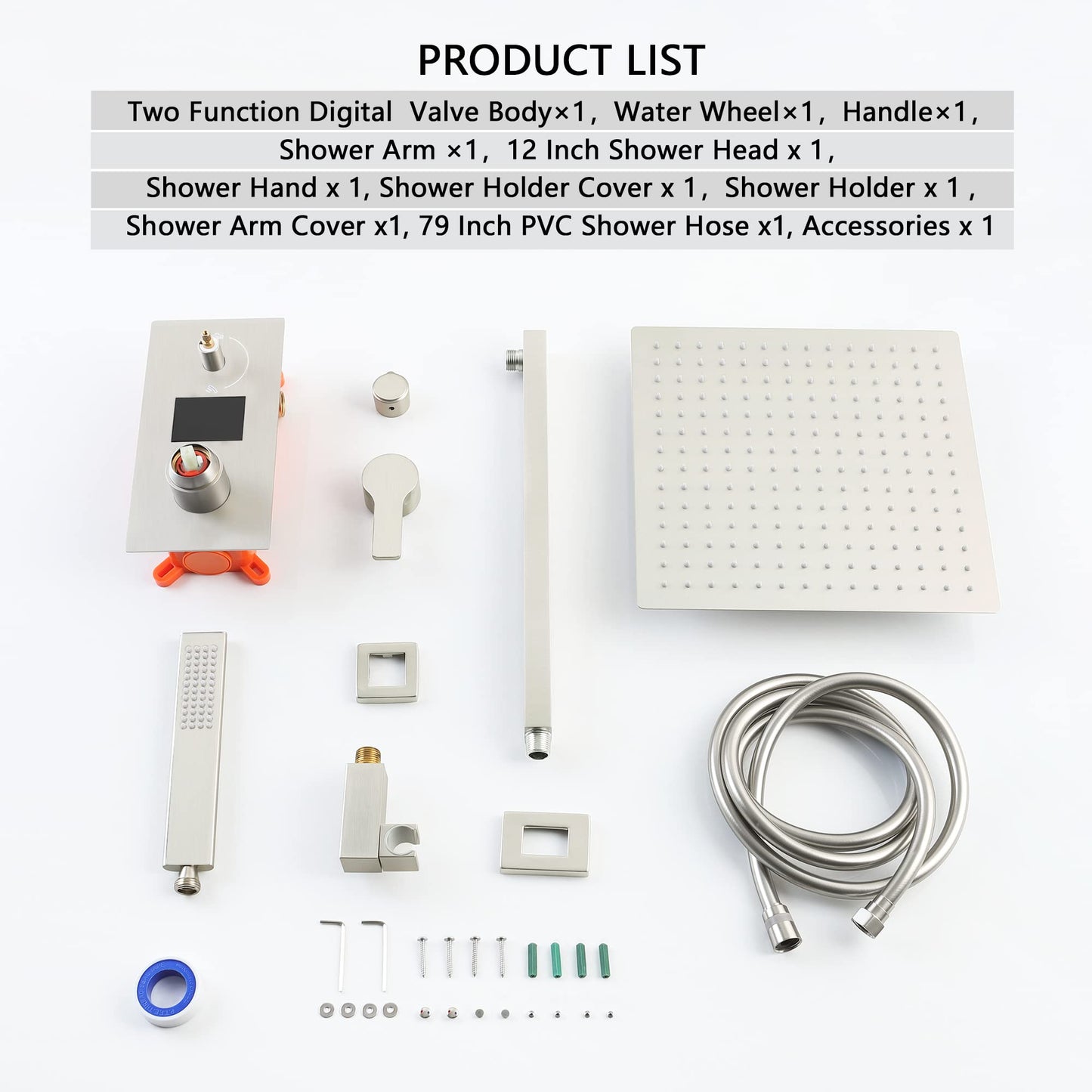 SKWOLL Shower Faucet Sets with Hydro Power Temperature Display, Brushed Nickel 12 Inch Shower Head Combo Kit, 2 Function Wall Mounted Shower Fixtures with Digital Shower Valve