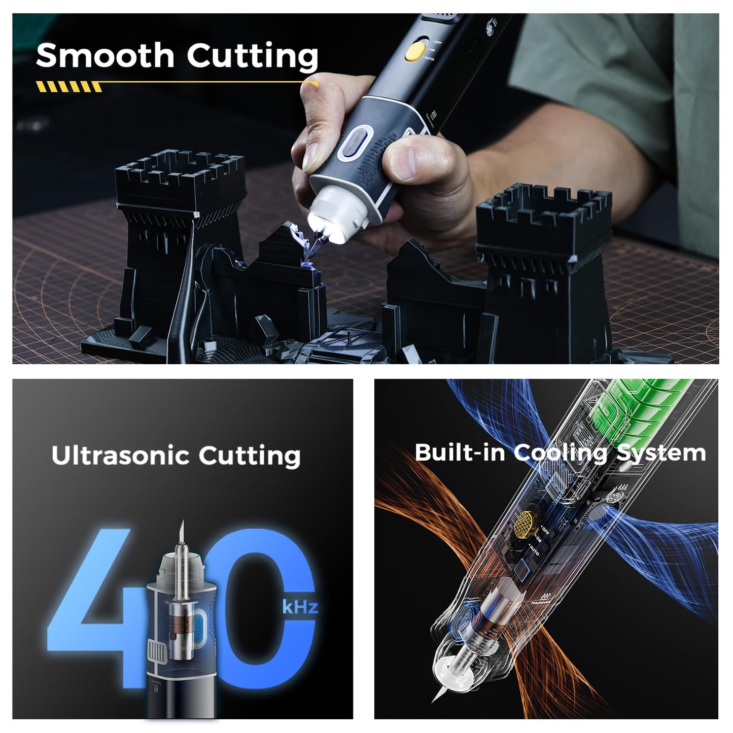 2-in-1 wireless ultrasonic cutter, 40kHz, 30W high power, 1000mAh battery, with AC adapter and USB cable. Features cooling system, smart start-stop and LCD display, can cut a variety of materials.