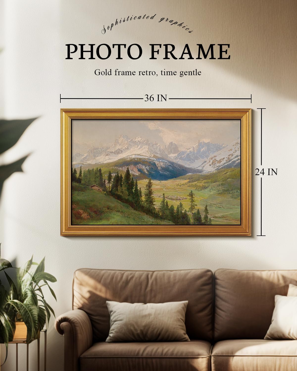 VIYYIEA Vintage Gold Framed Wall Art - Snow Mountains Canvas Print for Living Room | Large 36" x 24" Oil Painting