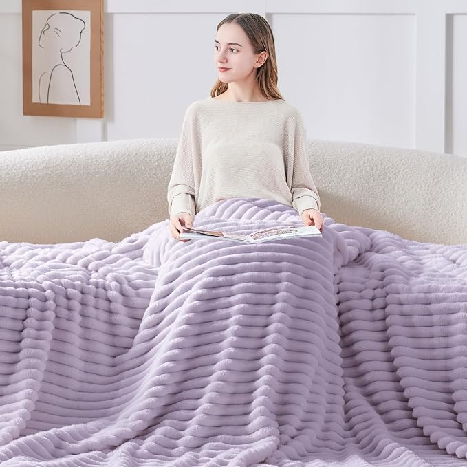BEDELITE Twin Blanket for Couch & Bed, 300GSM Soft & Warm Fleece Blanket, Decorative and Giftable Striped Lavender Fog Blankets for Women, Men, 60"x80"