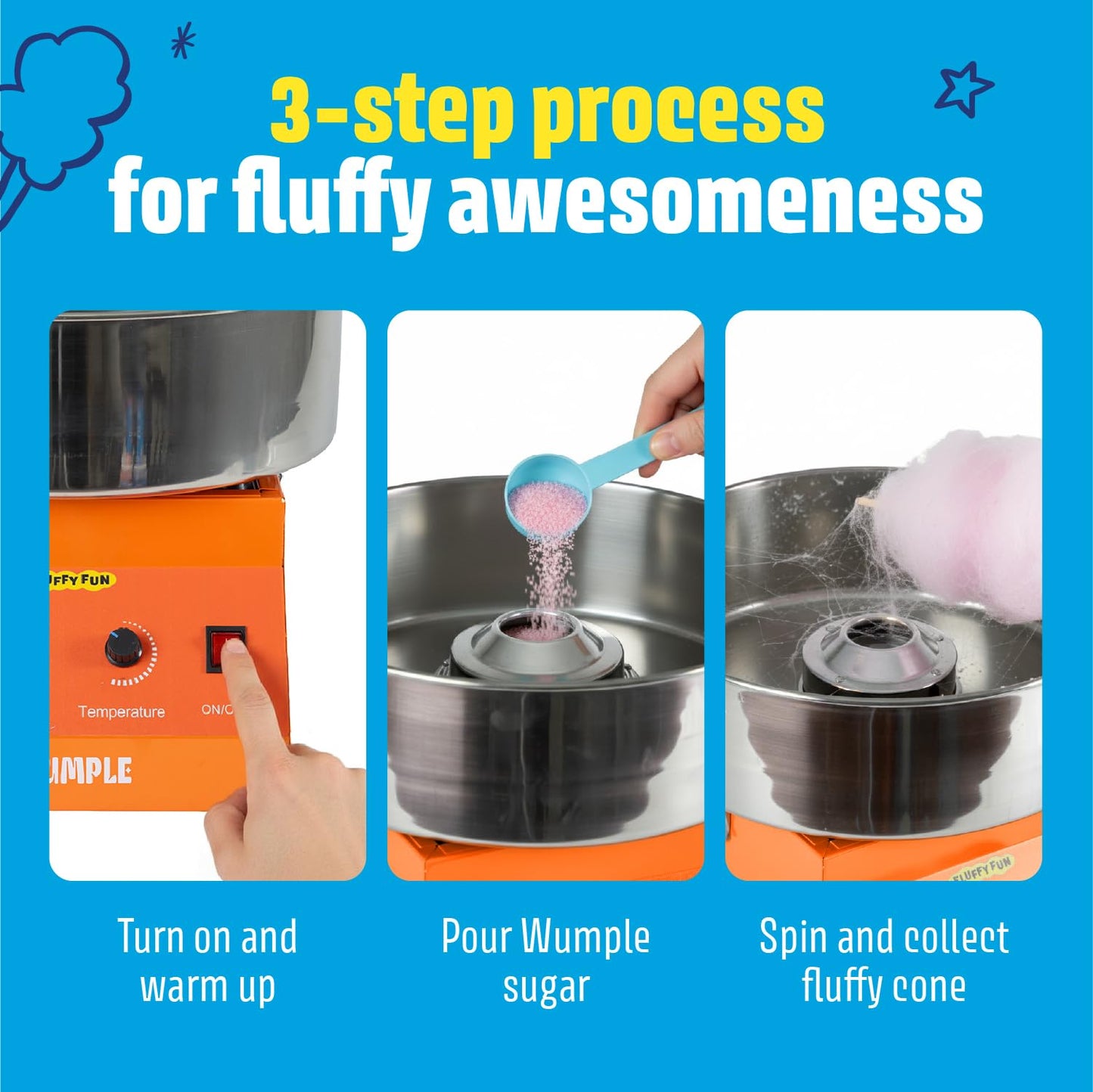 Wumple Cotton Candy Machine Kit Bundle with Flavored Sugars & Cones - Commercial Electric Cotton Candy Machine with Supplies, Stainless Steel Bowl for Parties - Orange