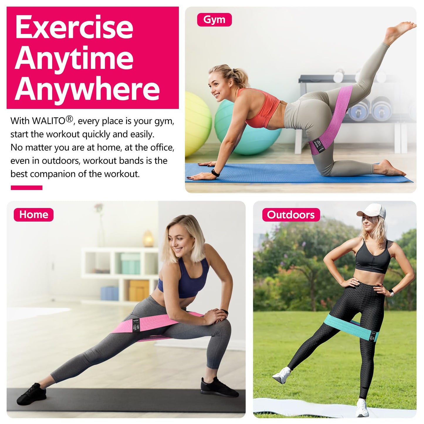 WALITO Resistance Bands for Working Out, Fabric Exercise Bands for Legs and Butt, Workout Bands for Women and Men, Booty Band for Yoga Starter Set, Pilates, Rehab, Fitness and Home Workout