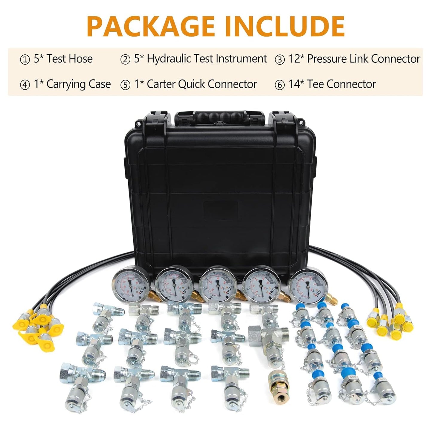 Hydraulic Pressure Test Kit，600bar /8700psi / 60mpa 5 Gauges 13 Test Couplings 14 Tee Connectors 5 Test Hoses, Hydraulic Gauge Kit Sturdy Carrying Case for Excavator Construction Machinery Ships Mine