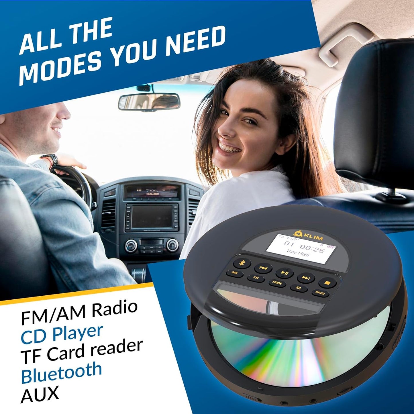 KLIM MP3 Nomad - New - Portable CD Player Walkman with Long-Lasting Battery - with Headphones - Radio FM - Compatible
