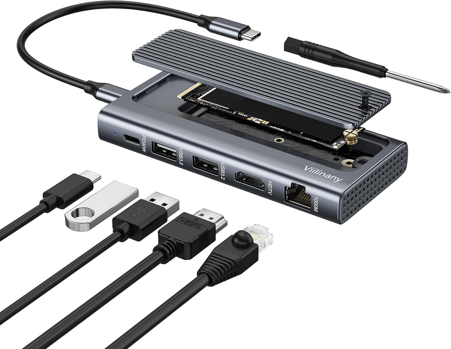 Viilinany 6-in-1 M.2 10Gbps 2X 90W 4K@60Hz USB C Docking Station with NVMe SATA SSD Enclosure, USB-C Hub with USB-A