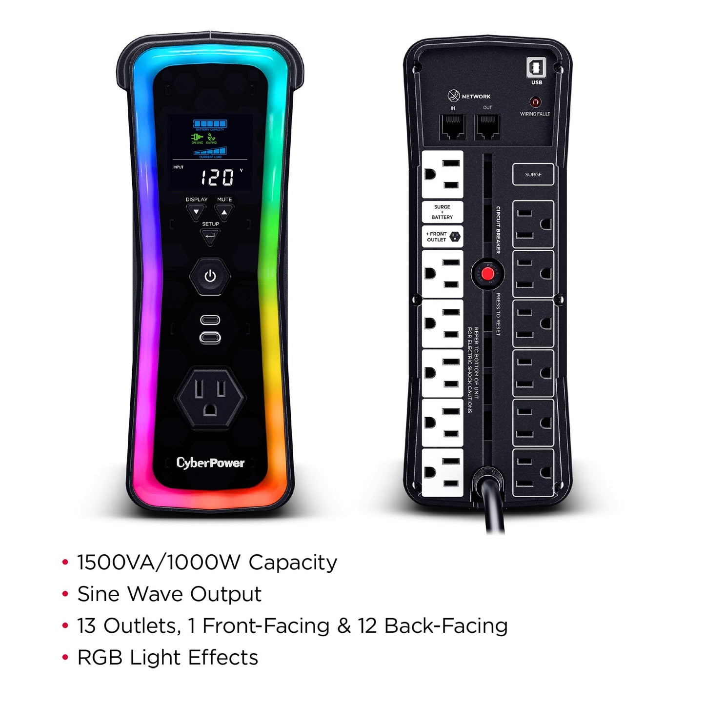 CyberPower GX150C2-E Gaming UPS Battery Backup and Surge Protector, 1500VA/1000W, RGB Lighting, 13 Outlets, USB‑C Charging, UL Certified