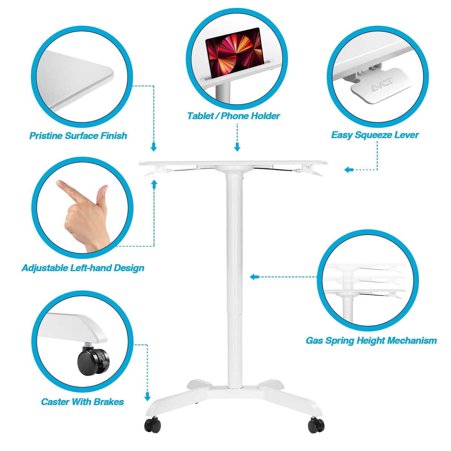 AVLT 48" Ambidextrous Standing Desk, Mobile Adjustable Height Rolling Laptop Desk, Folding Computer Projector Cart with Brake Casters, Portable White Desk for Home Office