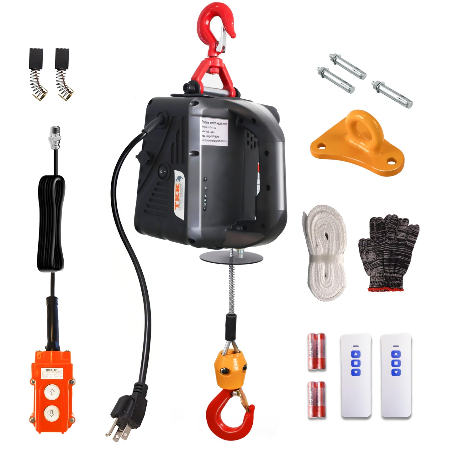 TKK 3 in 1 Electric Hoist Winch, 1540lbs Capacity, Portable with Wire and Wireless Remote Control, 120V, 25ft Lifting Height, Overload Protection
