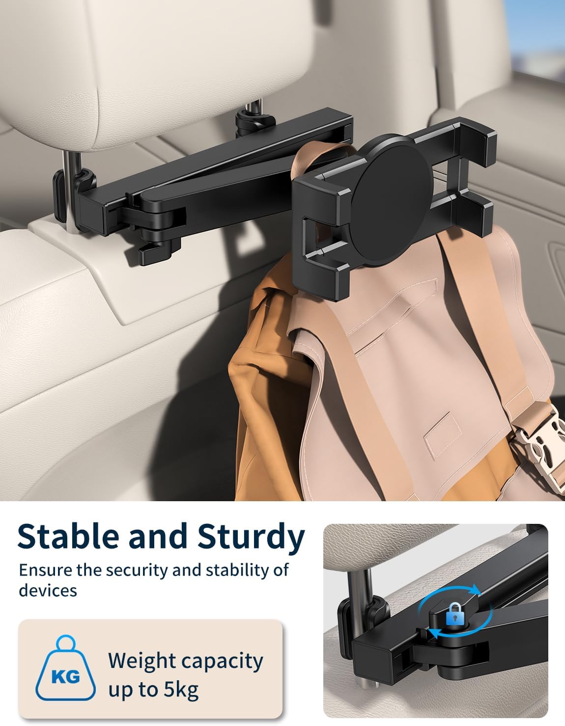 bokilino [3 1 4.7-12.9" Tablet Holder for Car Headrest, in Adjustable Extension Arm] iPad Car Mount for Back Seat, Road