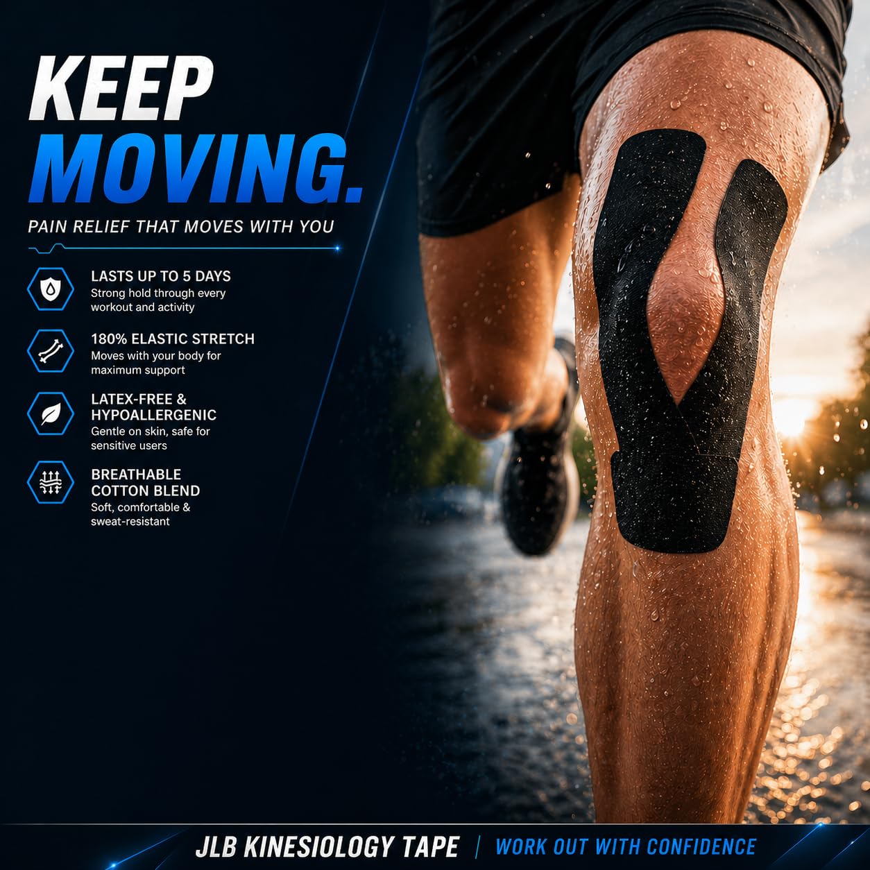 JLB Kinesiology Tape – 2 Rolls, 2 in x 16 ft – KT Tape for Shoulder, Knee, Wrist & Ankle – Waterproof Athletic Tape – Latex-Free Sports Tape for Pain Relief, Muscle Support & Physical Therapy (Black)