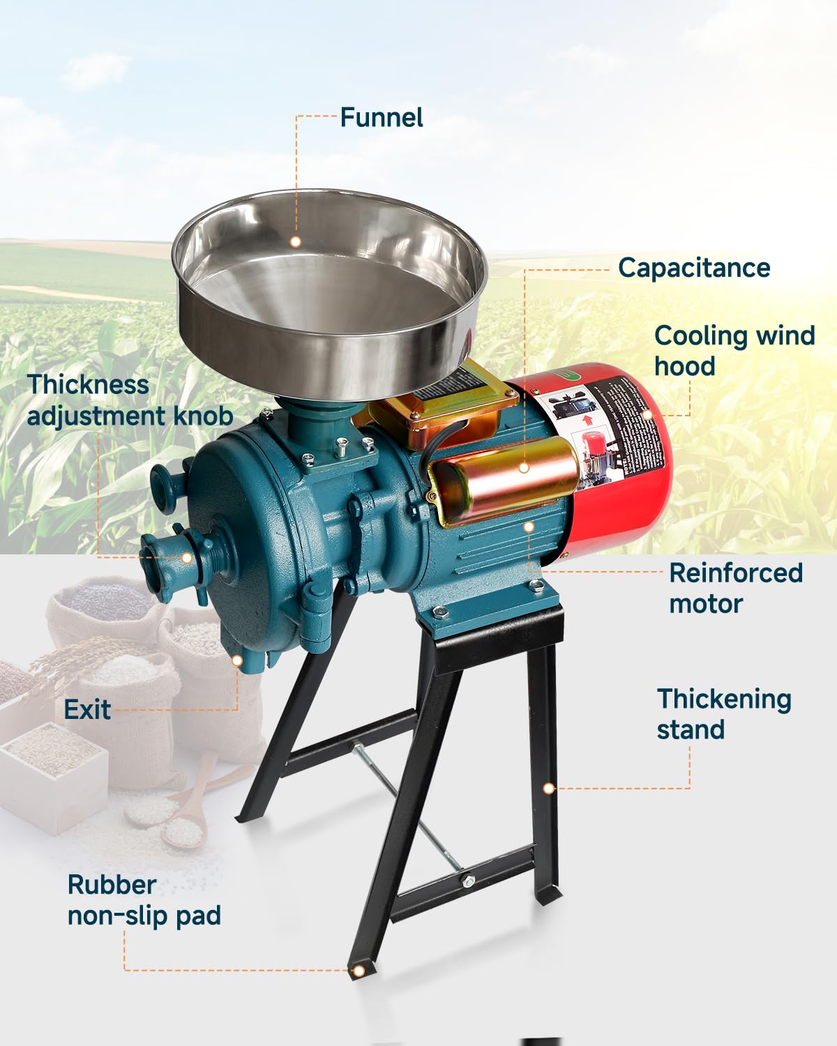 NAIZEA Electric Grain Mill Grinder Corn Grinder, 3000W 110V Commercial Flour Mill Machine with Funnel, Feed Grinders for Corn, Wheat, Rice, Cereals,Molino de Maiz Electrico (Dry Grinders)