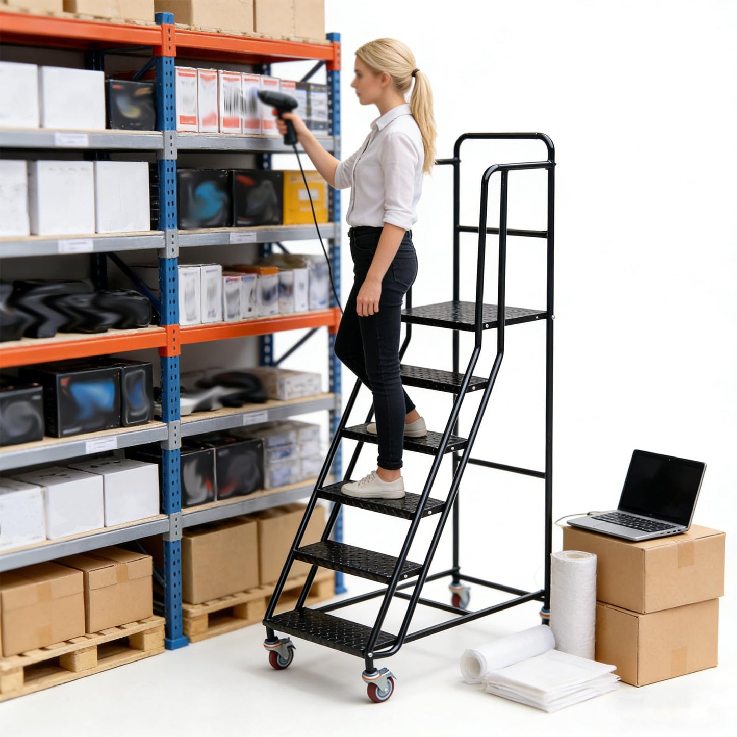 6 Step Rolling Ladder with Handrails, 880 lbs Capacity Heavy Duty Steel Mobile Warehouse Ladder with Locking Wheels, Non-Slip Rolling Stairs with Large Platform for Garage, Stockroom, Library