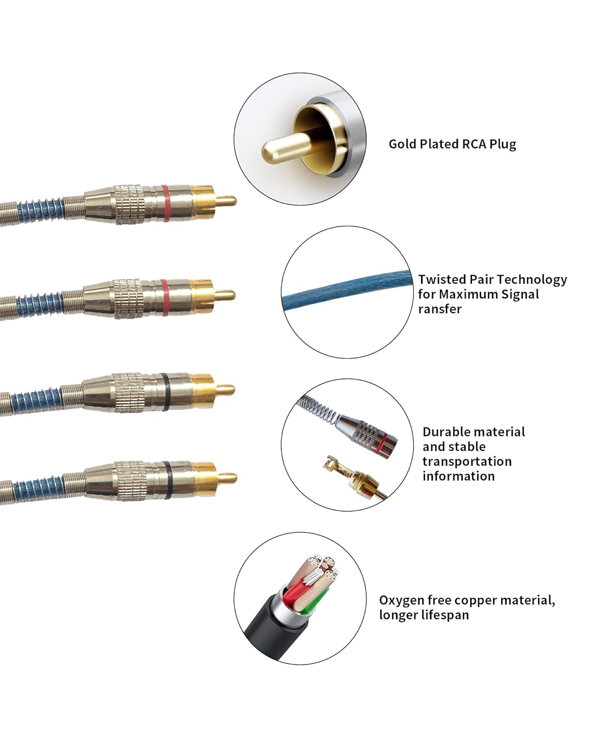 2 4 16.4ft 2 4 Channel to Channel RCA Audio Interconnect Cable Male to Male Y Splitter RCA Car Audio Cable Shielded Aux