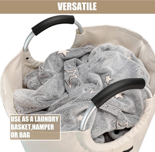 DOKEHOM 90L Large Laundry Basket - Collapsible Freestanding Hamper in Beige for Easy Storage