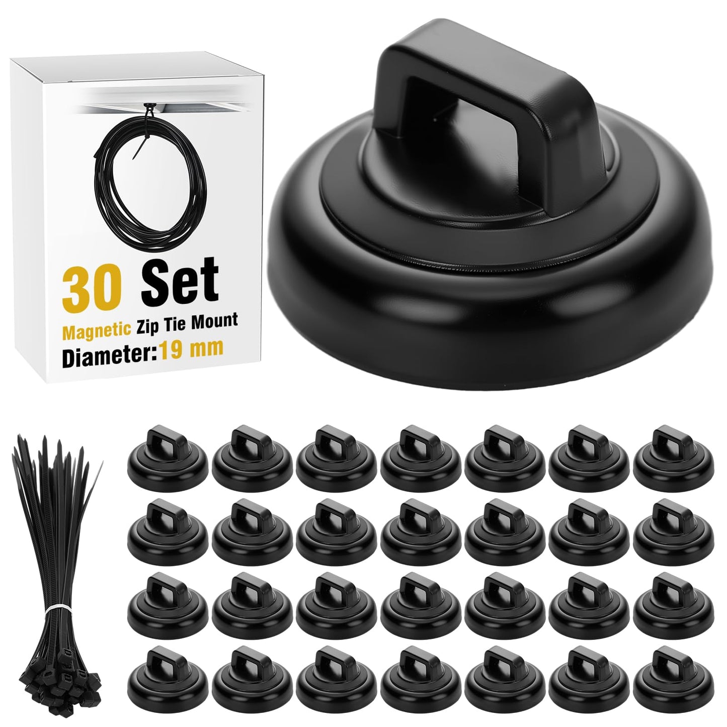 Leinuosen 30 Set Magnetic Zip Tie Mount and Nylon Cable Ties, 19 mm Multipurpose Wire Cable Holder Mount Wire Clips Management Electrical Organization Supplies (Black)