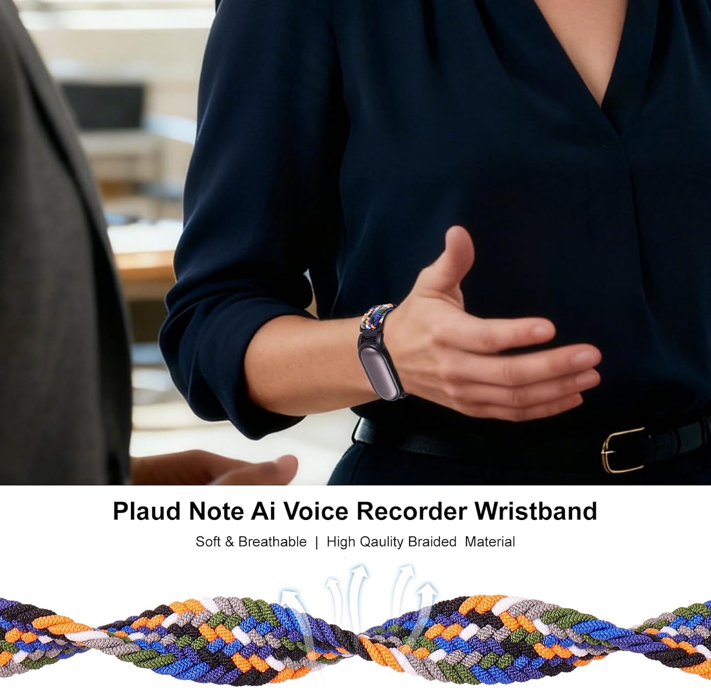 2 Pack Adjustable Braided Wristband Compatible with Plaud NotePin & NotePin S AI Voice Recorder,Breathable Soft