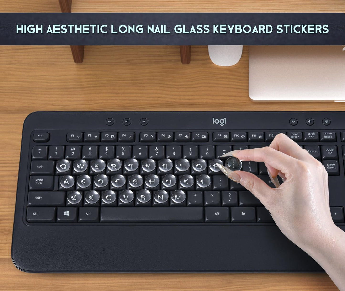 DAMMOMKO 54PCS Keyboard Stickers for Long Nails - Clear Glass Long Nail Keyboard Cover Bubbles, Raised Nail Art Typing