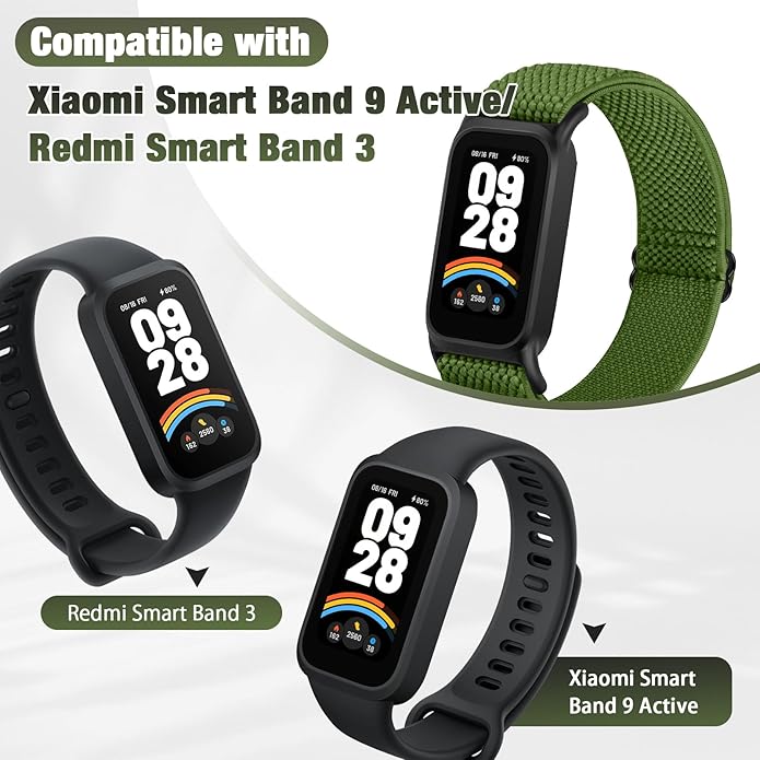 2 Pack Elastic Bands Compatible with Xiaomi Smart Band 9 Active Women Men, Soft Nylon Replacement Sport Wriststrap for Redmi Band 3