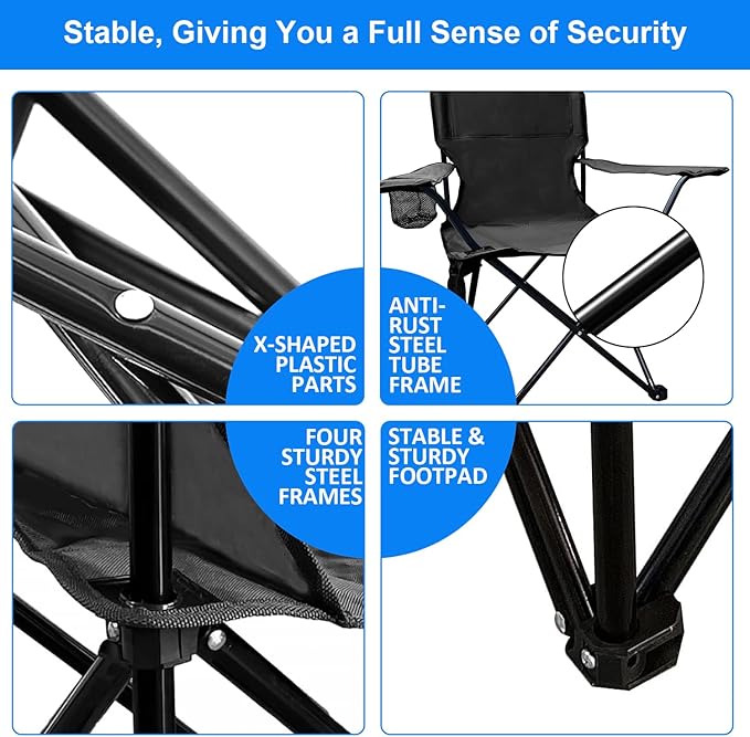 Folding Camping Chair, 225lb Capacity, Includes Cup Holder & Side Storage Bag, 5.5lbs Portable for Beach, Camping, Sport,Black