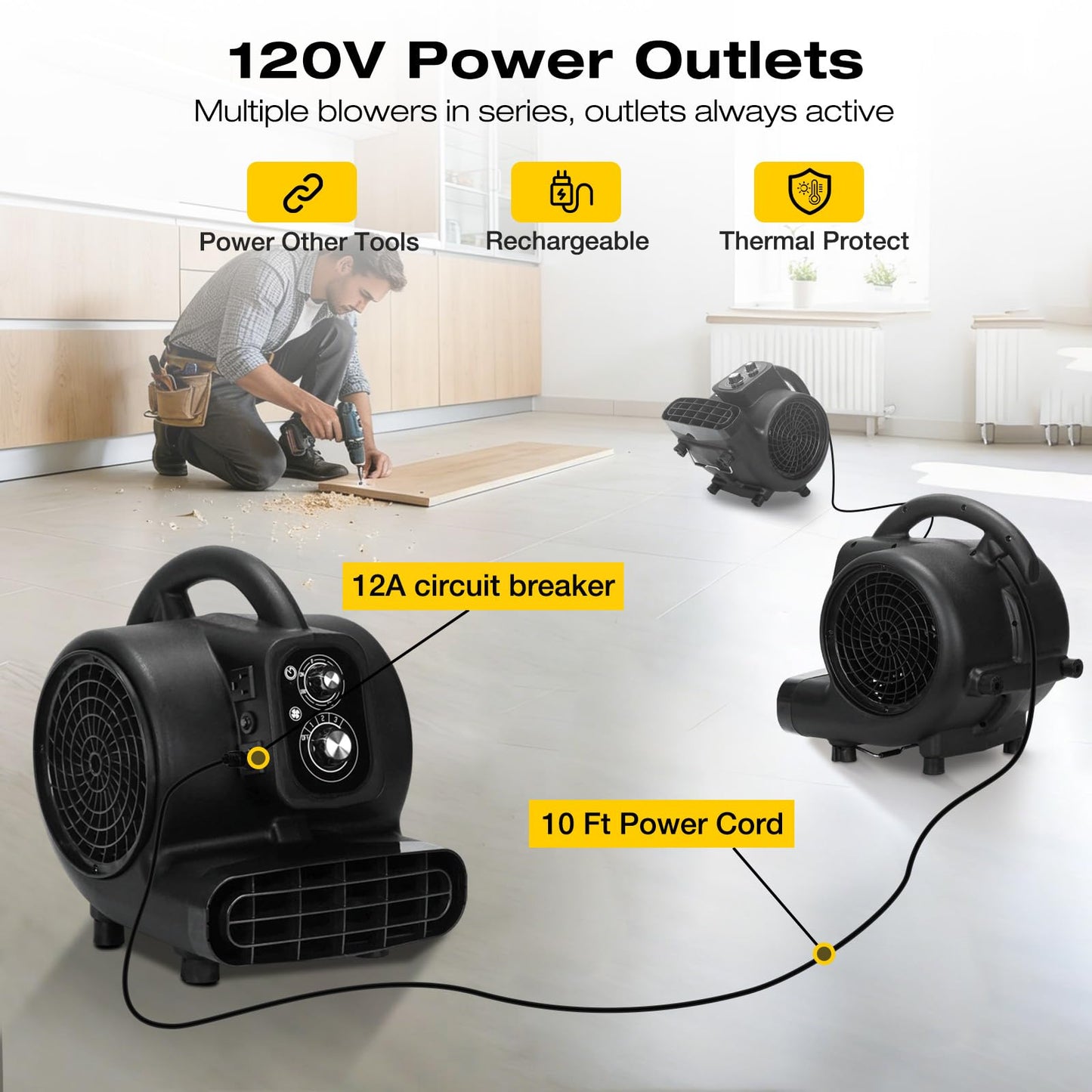 VORBO Air Mover Blower Fan, 1/3 HP 2000CFM Carpet Dryer, 3 Speeds Floor Blower Fan with Timer and 4 Adjustable Angles, Stackable, for Janitorial, Home and Commercial Use, Black