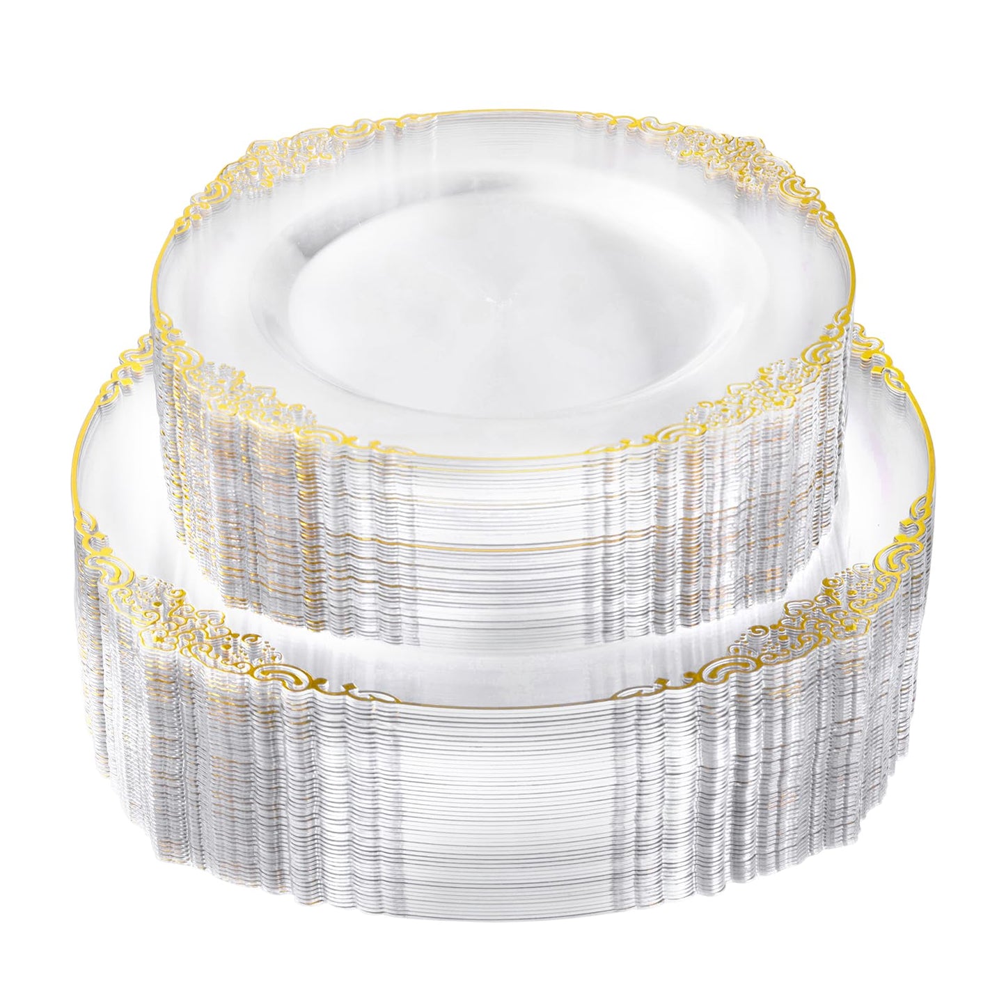 Bestluck 100 PCS Clear and Gold Plastic Plates for 50 Guests, Clear Disposable Plates Include 50 PCS Dinner Plates, 50 PCS Dessert Plates for Party, Wedding