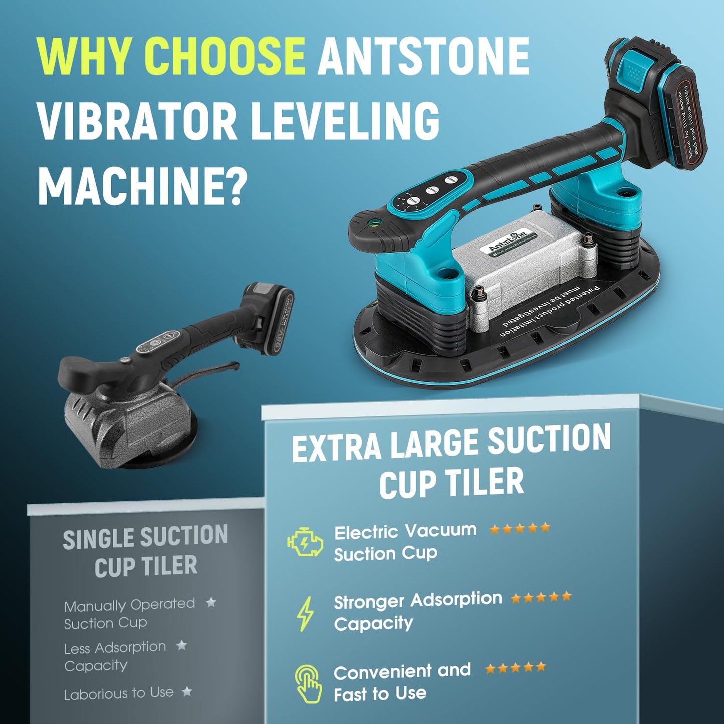 Antstone Tile Vibration Tool 283mm Suction Cup 882lbs/400kg, Handheld Tile Installation Leveling Machine 6-Speed Adjustable Tile Vibrator for Tiling Leveling Laying Max.28000 RPM 2 Batteries Included