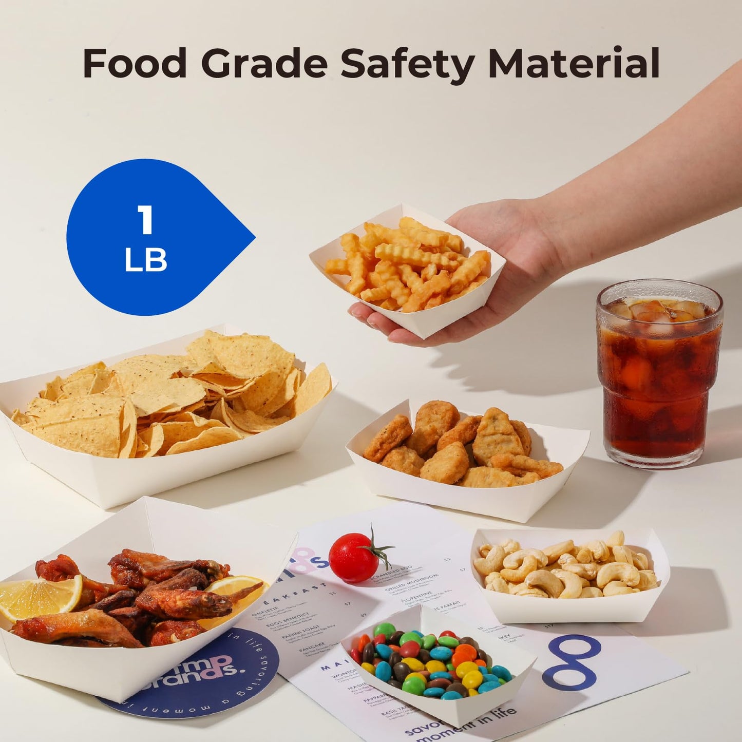 Fit Meal Prep [125 Pack 1 lb Paper Food Trays Heavy Duty Disposable Food Boats, White Nacho Tray for Parties Fairs Picnics Carnivals, Holds Sause Candies Nut Grease Resistant