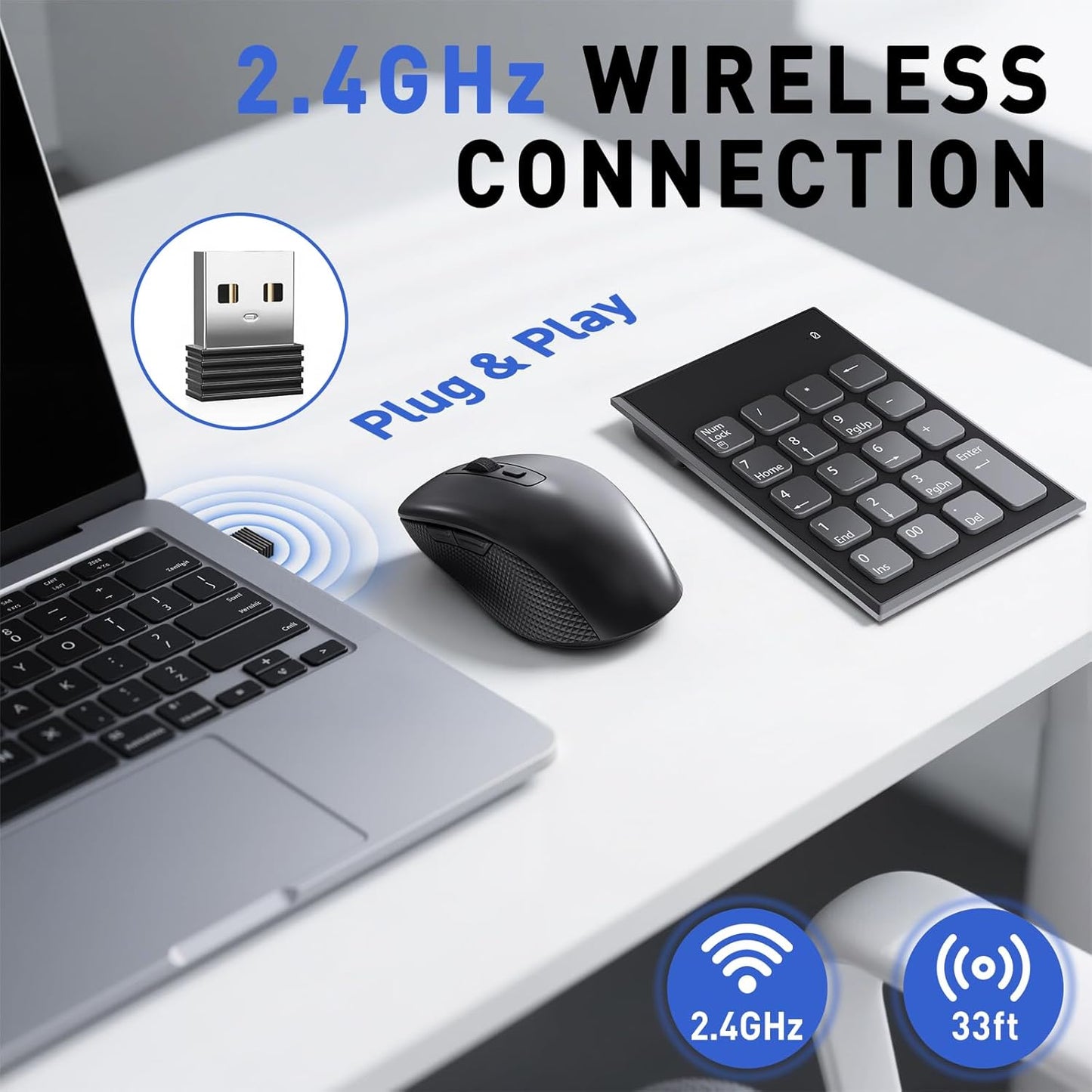 Yeemie Pro 19 3 2.4GHz Wireless Number Pad and Mouse Combo, Key USB Keypad and Adjustable DPI Silent Mouse, Ultra Slim
