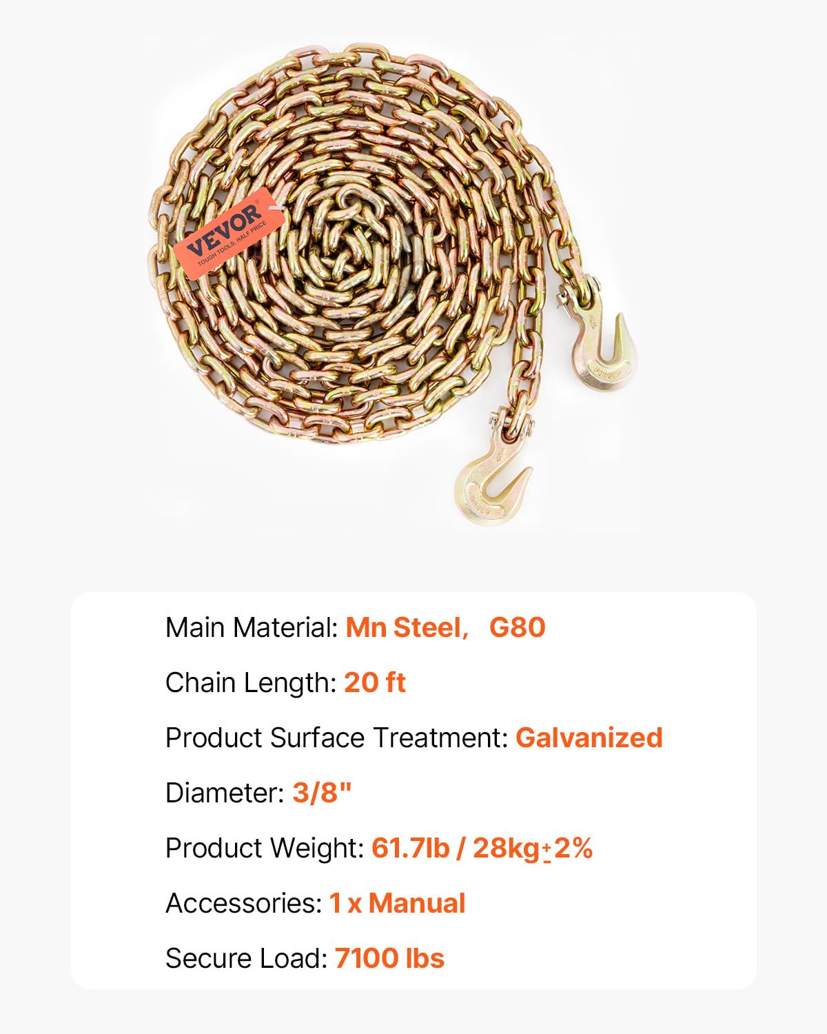 VEVOR 7100 LBS Transport Binder Chain, 3/8"x20' G80 Tow Chain with Grab Hooks, Galvanized Manganese Steel, DOT Certified, 2 Pack for Dock Factory Construction Site